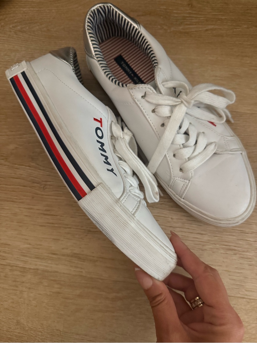 Tommy Hilfiger White Leather Sneakers with Red & Navy Stripe
